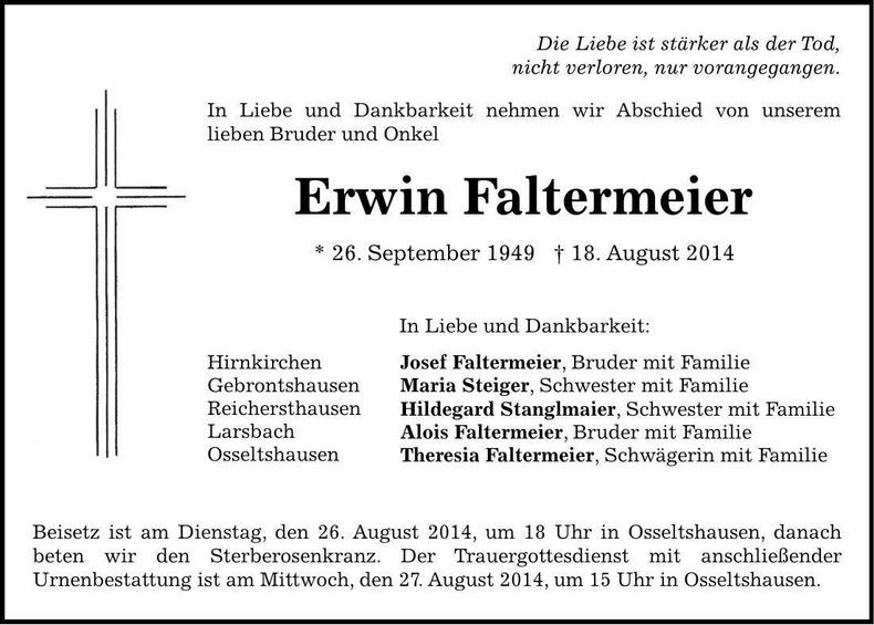 Traueranzeige Erwin Faltermeier