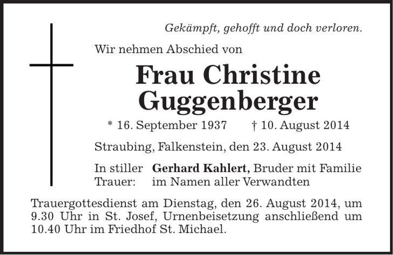 Traueranzeige Christine Guggenberger