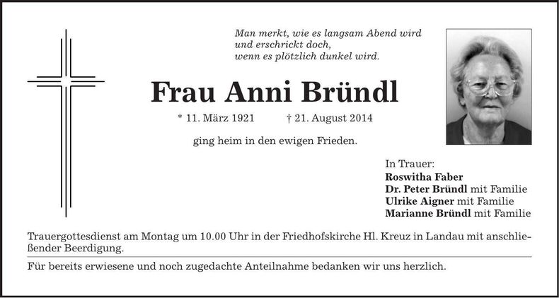 Traueranzeige Anni Bründl