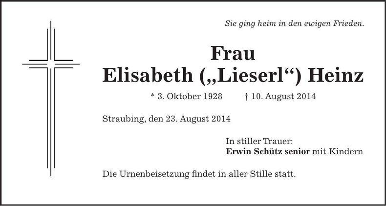 Traueranzeige Elisabeth ("Lieserl") Heinz