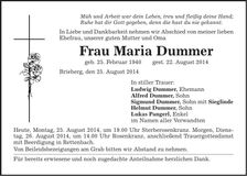 Traueranzeige Maria Dummer