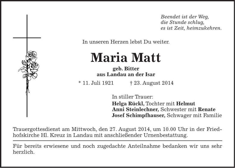 Traueranzeige Maria Matt