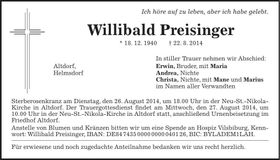 Traueranzeige Willibald Preisinger Preisinger