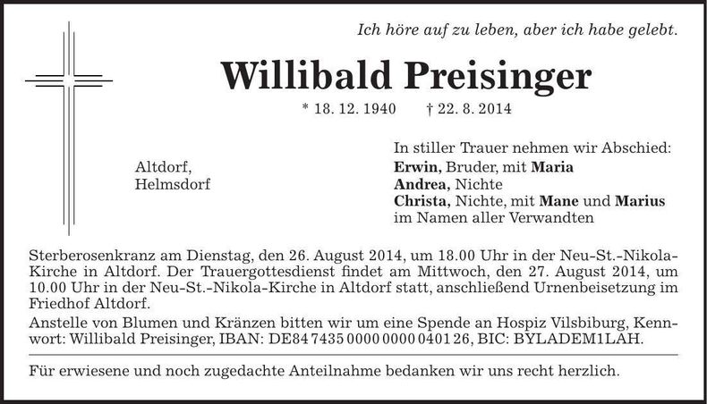Traueranzeige Willibald Preisinger Preisinger