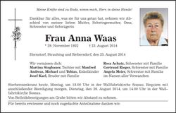 Traueranzeige Anna Waas