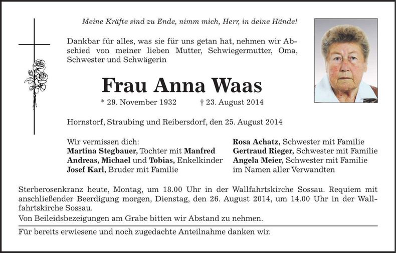 Traueranzeige Anna Waas