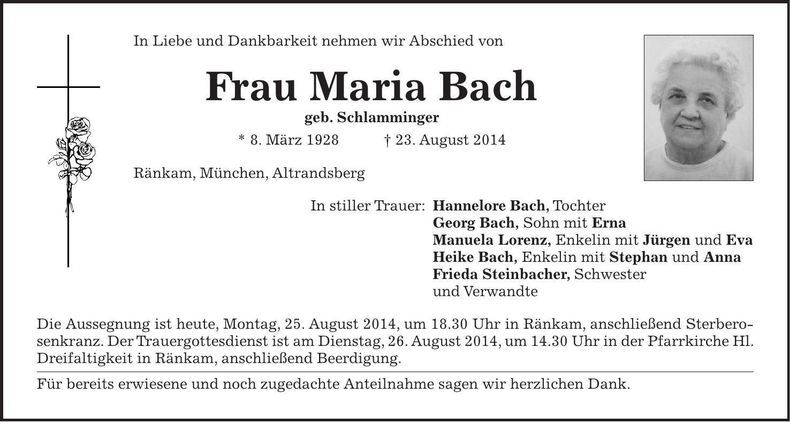 Traueranzeige Maria Bach