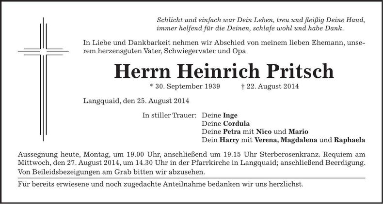 Traueranzeige Heinrich Pritsch