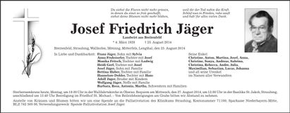 Traueranzeige Josef Friedrich Jäger