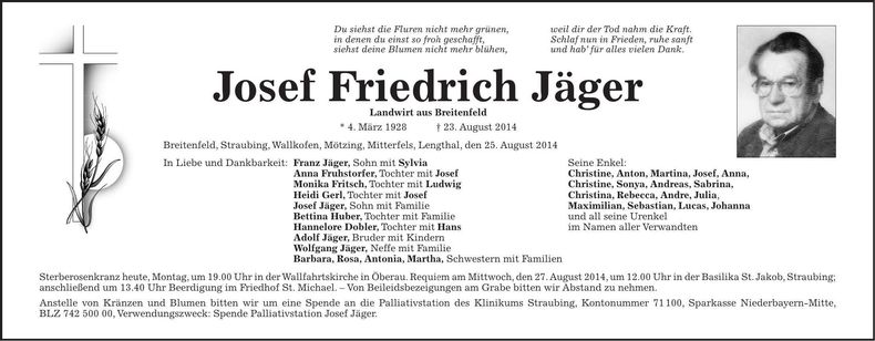 Traueranzeige Josef Friedrich Jäger