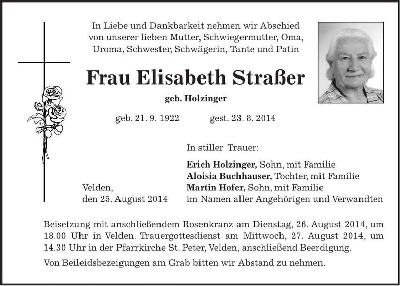 Traueranzeige Elisabeth Straßer