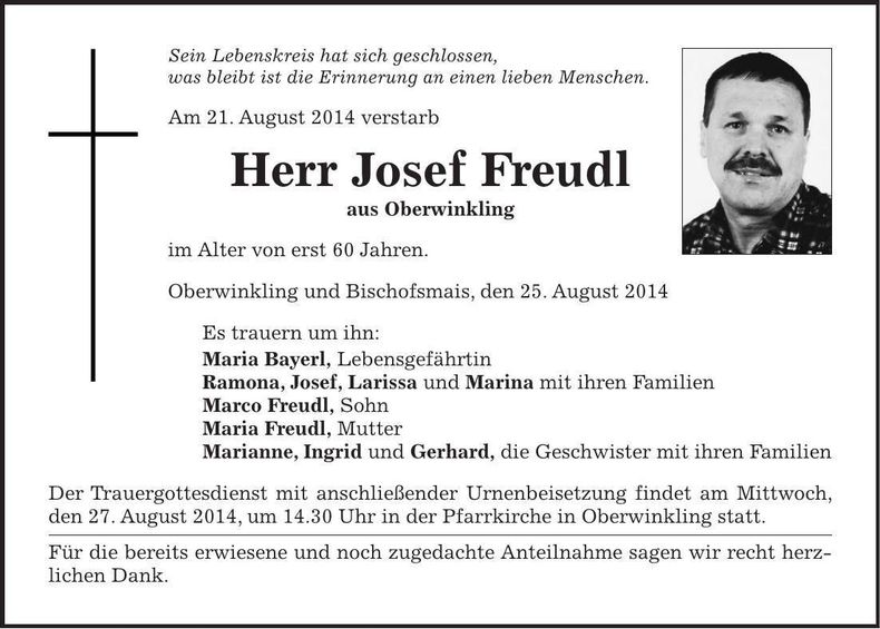 Traueranzeige Josef Freudl
