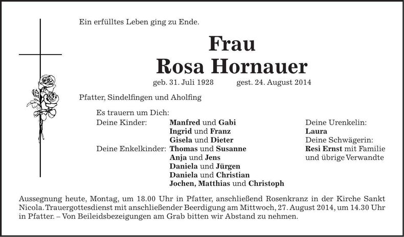 Traueranzeige Rosa Hornauer