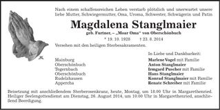 Traueranzeige Magdalena Stanglmaier
