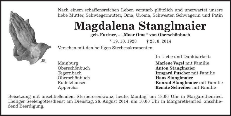Traueranzeige Magdalena Stanglmaier