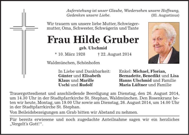 Traueranzeige Hilde Gruber