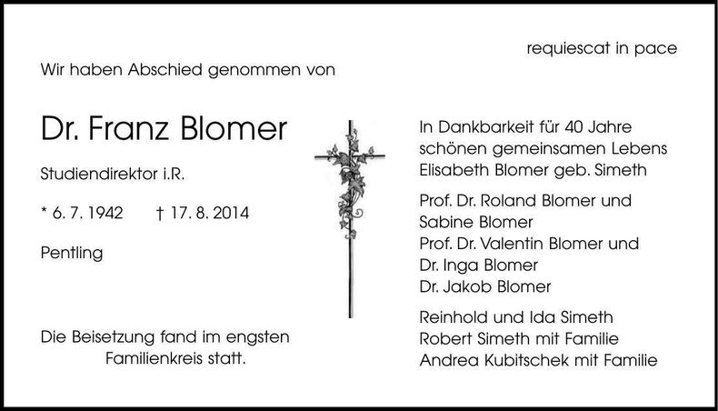 Traueranzeige Franz Blomer