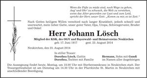 Traueranzeige Johann Lösch