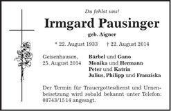Traueranzeige Irmgard Pausinger
