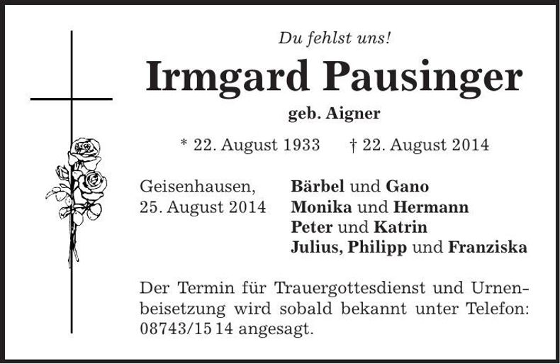 Traueranzeige Irmgard Pausinger