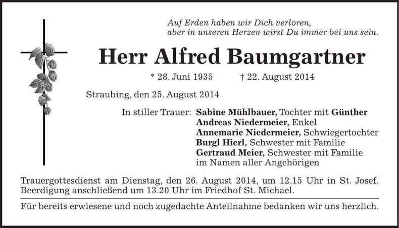 Traueranzeige Alfred Baumgartner