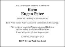 Traueranzeige Eugen Peter