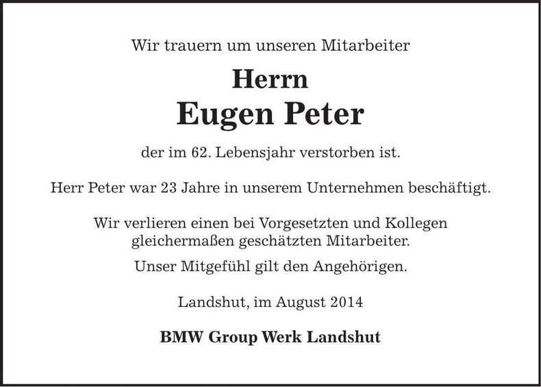 Traueranzeige Eugen Peter