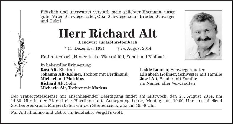 Traueranzeige Richard Alt