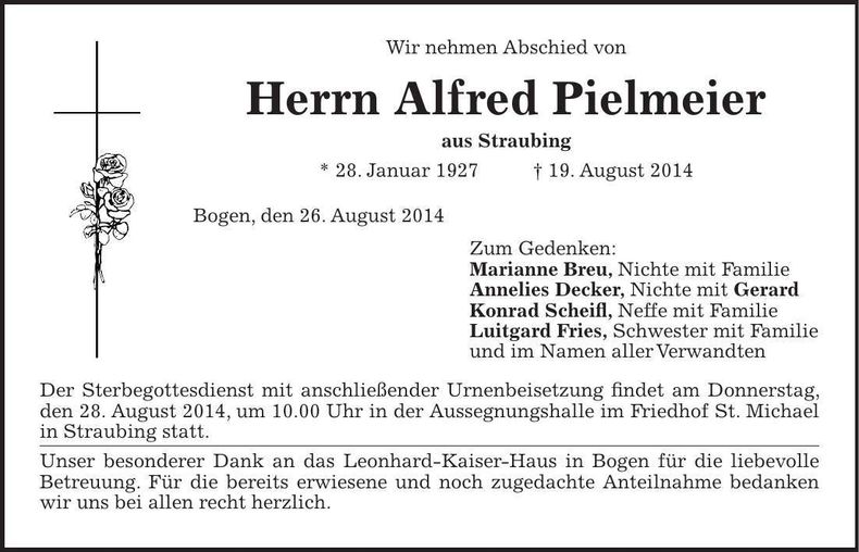 Traueranzeige Alfred Pielmeier
