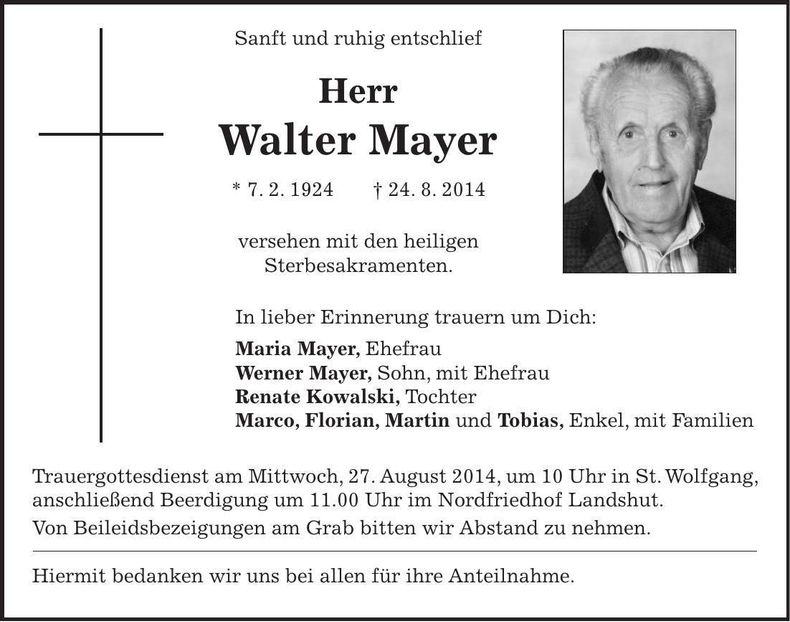 Traueranzeige Walter Mayer