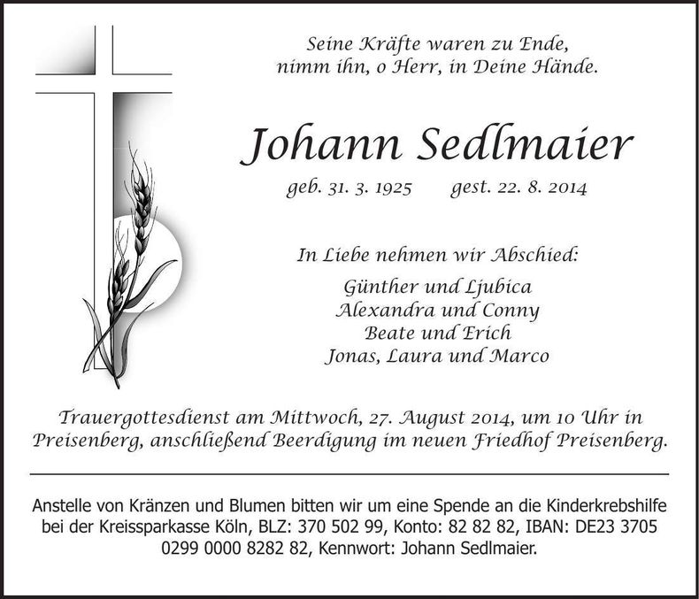 Traueranzeige Johann Sedlmaier