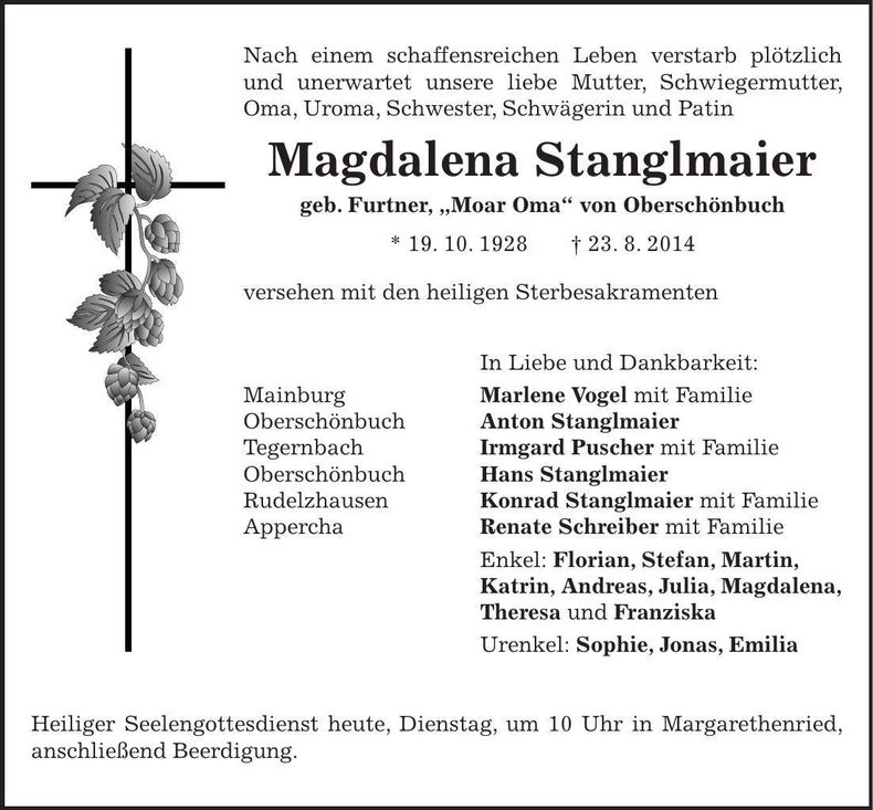 Traueranzeige Magdalena Stanglmaier