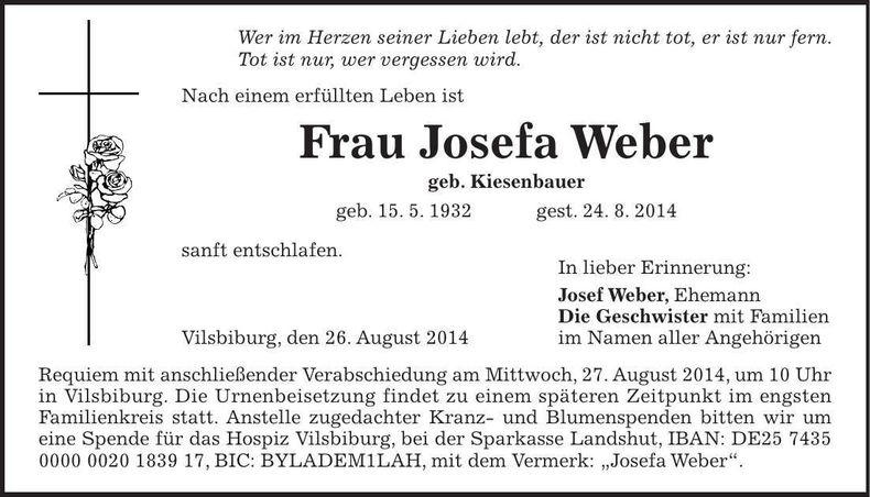 Traueranzeige Josefa Weber