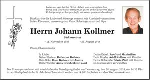Traueranzeige Johann Kollmer