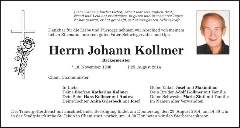 Traueranzeige Johann Kollmer