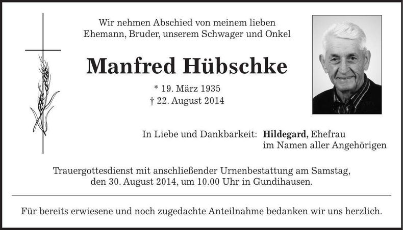 Traueranzeige Manfred Hübschke
