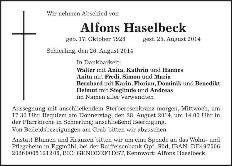 Traueranzeige Anton Haselbeck