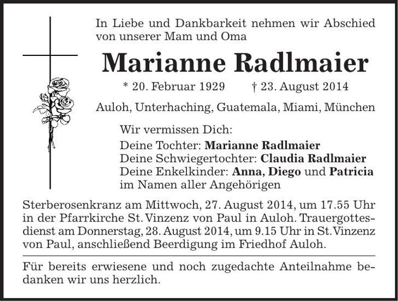 Traueranzeige Marianne Radlmaier