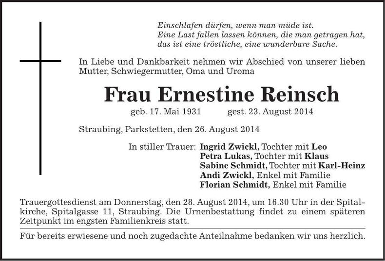 Traueranzeige Ernestine Reinsch