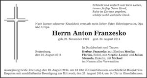 Traueranzeige Anton Franzesko