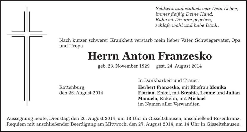 Traueranzeige Anton Franzesko