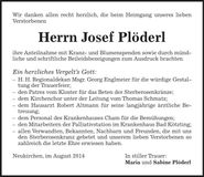 Traueranzeige Josef Plöderl
