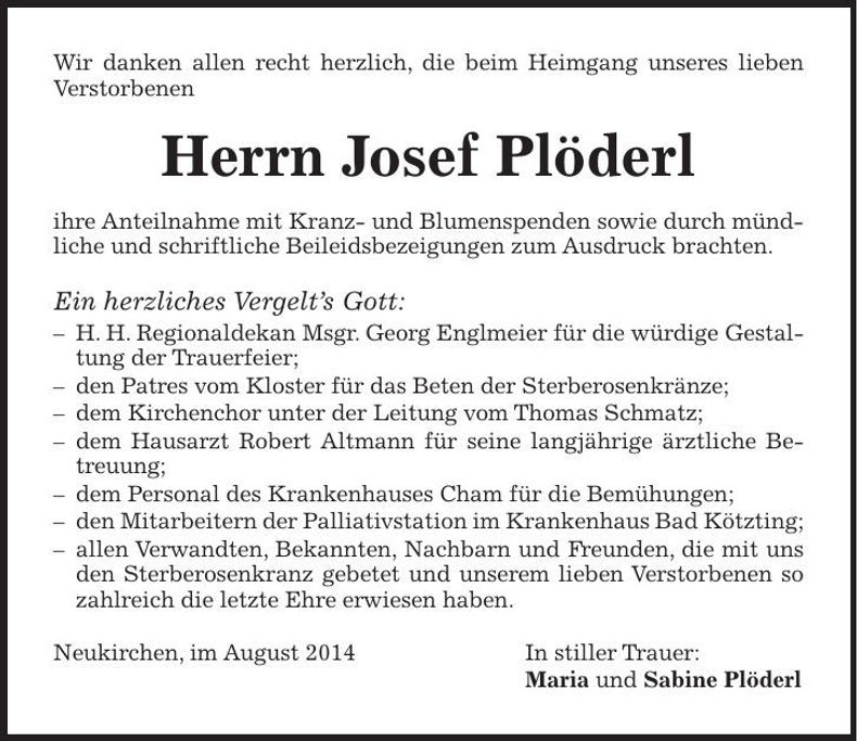 Traueranzeige Josef Plöderl