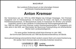 Traueranzeige Anton Kremser