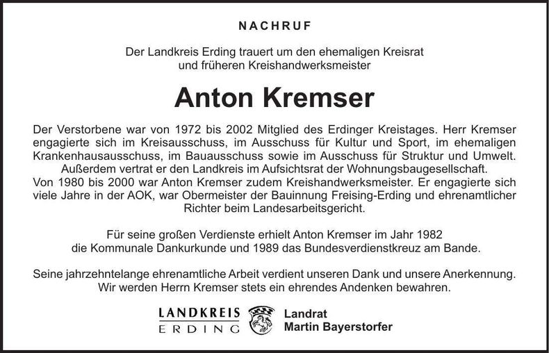 Traueranzeige Anton Kremser