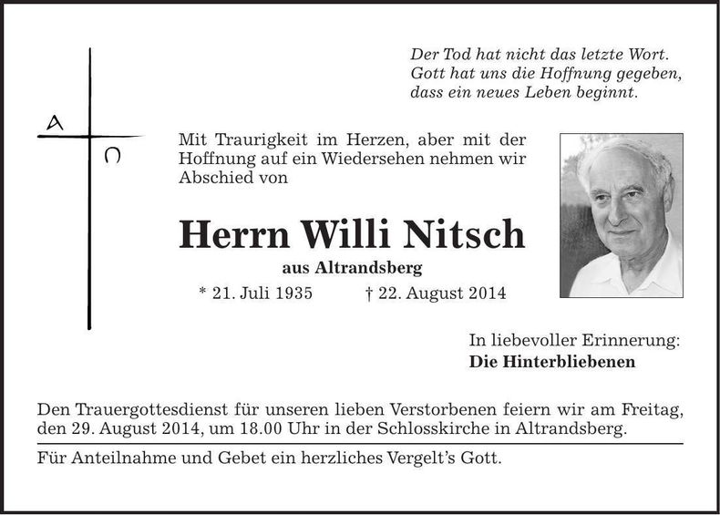 Traueranzeige Willi Nitsch