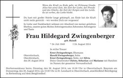 Traueranzeige Hildegard Zwingenberger