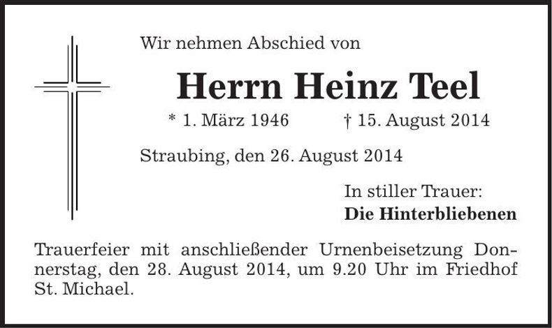 Traueranzeige Heinz Teel