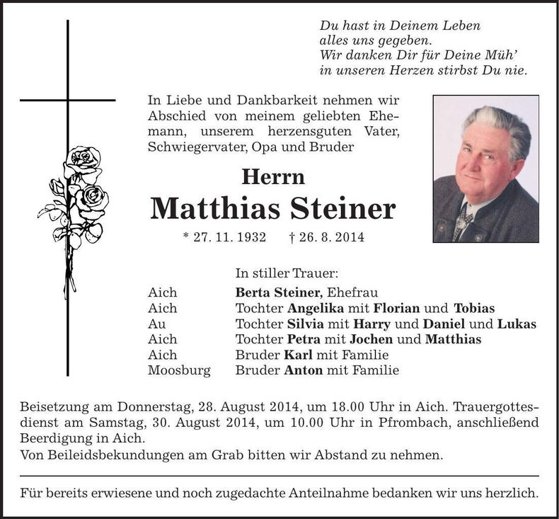 Traueranzeige Matthias Steiner