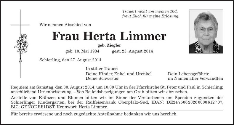 Traueranzeige Herta Limmer